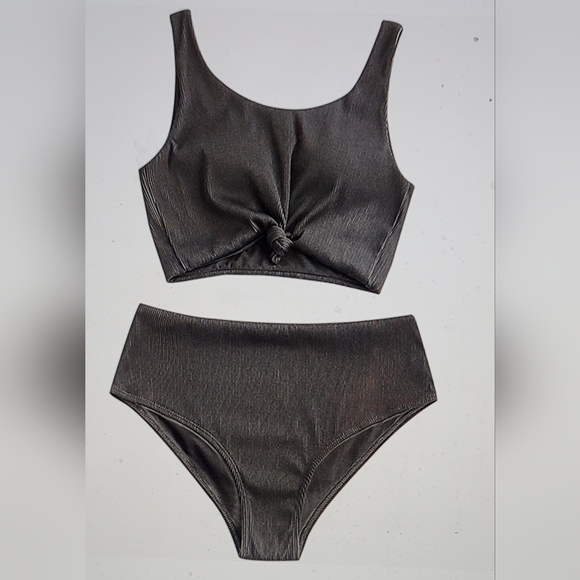 NWT RIBBED KNOT DETAIL  CROP TANK HIGH WAISTED PADDED SWIM BATHING SUIT SIZE 6 - Picture 2 of 8